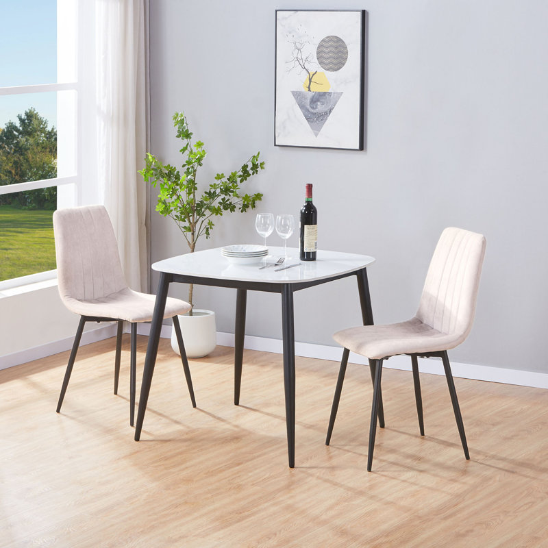 Aspen Sintered Stone Square Table with 2 Straight Stitch Upholstered Fabric Chairs - Modern Dining Set, Natural