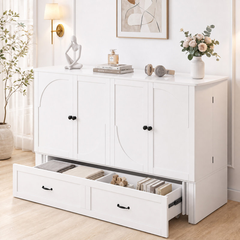Grand lit escamotable avec station de charge, blanc