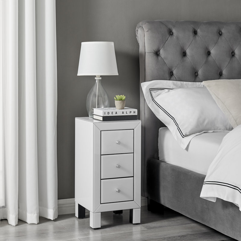 Alexa Chic Slimline 3 Drawer Mirrored Nightstand - Sleek Modern Design, White