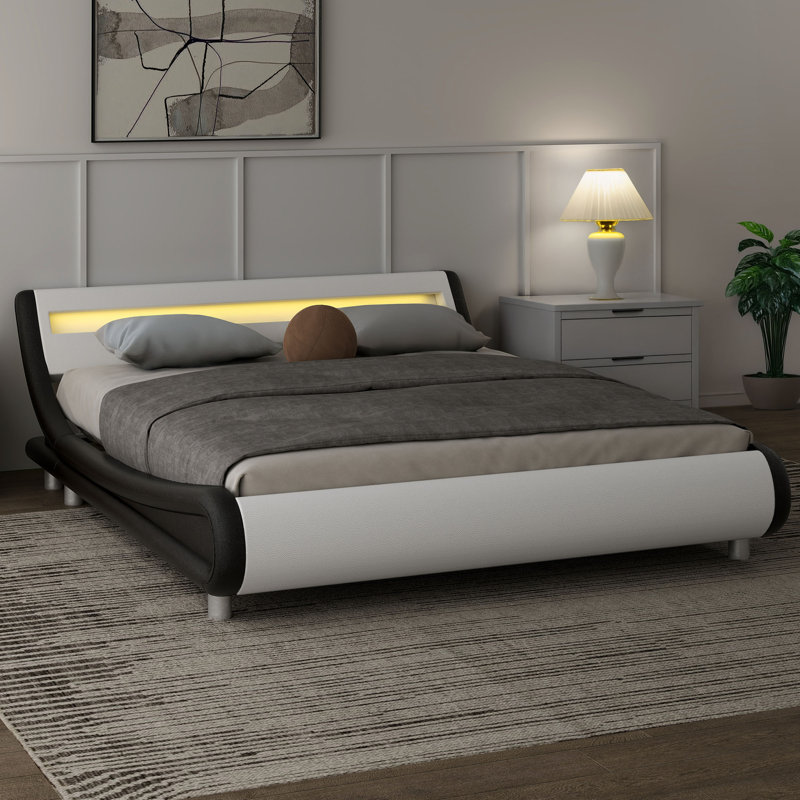 Small Double Bed，Upholstered Sleigh Bed, White
