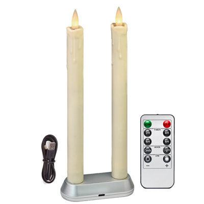 Rechargeable Flameless Candle with Remote Timer, 3D Moving Flame Real Wax dripping Led Taper Candles (Includes Remote Control, Charging Base, and USB Cable) (Rech-2Taper-Ivory, 9in)