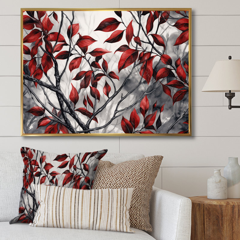 Imprimé de feuilles rouges et grises sur un arbre VI, Cadre flottant doré, H 16 po x l 32 po x P 1 po