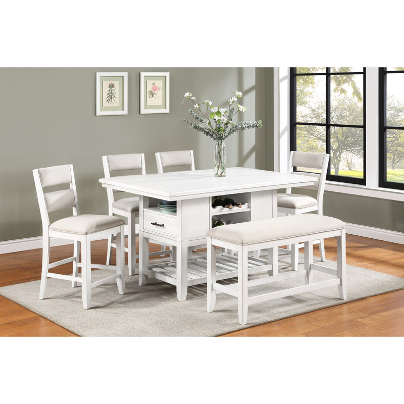 Transitional Counter-Height Bench With Upholstery - Spacious & Solid Dining Fabric Rectangular Build, White, White