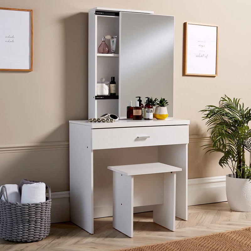 Silender 1 Drawer Dressing Table with Sliding Vanity Mirror and Stool Set, White