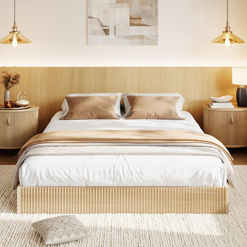 Wood Platform Bed Frame with Fluted Design, Low Profile Minimalist Bed Base, Noise‑Free & No Box Spring, Beige, King