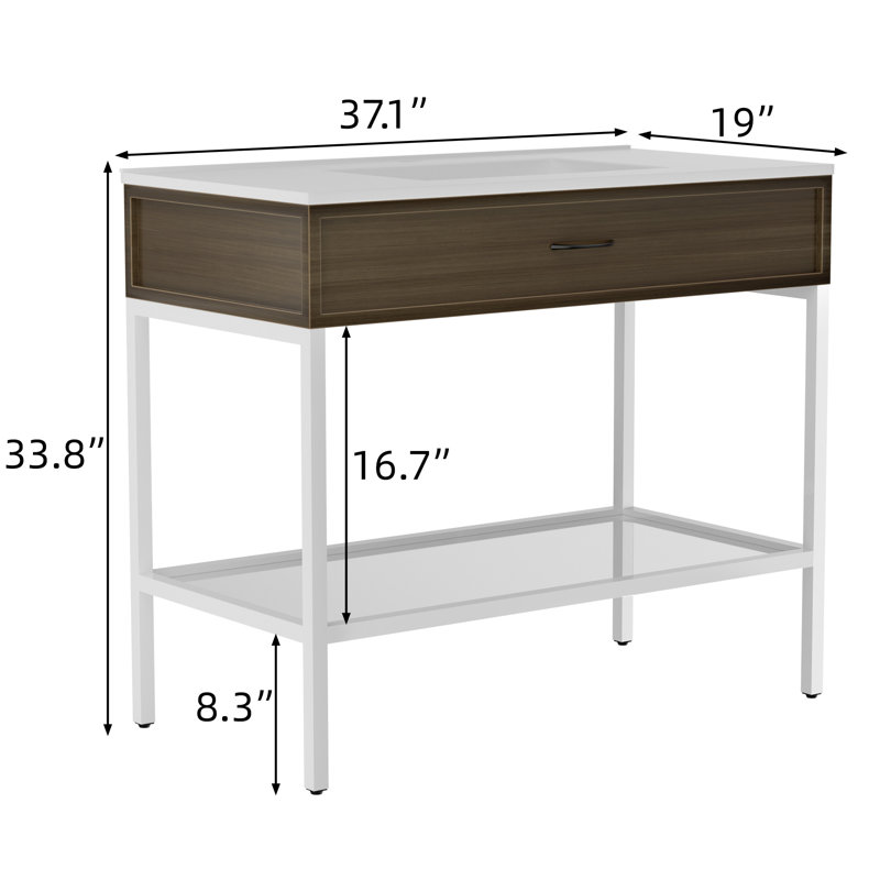 Meuble-lavabo 36 po avec lavabo en résine, structure en acier inoxydable avec tablette ouverte en verre trempé, Blanc