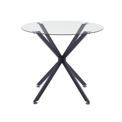 Table de salle à manger ronde en verre trempé transparent de 35,4 pouces avec pieds en métal croisés noirs minimalistes et élégants pouvant accueillir jusqu'à 4 personnes pour une cuisine compacte, une salle à manger, un salon et un bureau