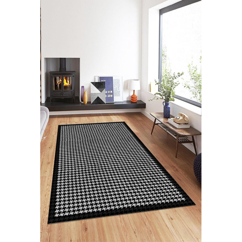 Megois Black Houndstooth Digital Print Cotton Polyester Non-Slip Area Rug, Rectangle 3 pi 3 po x 4 pi 11 po