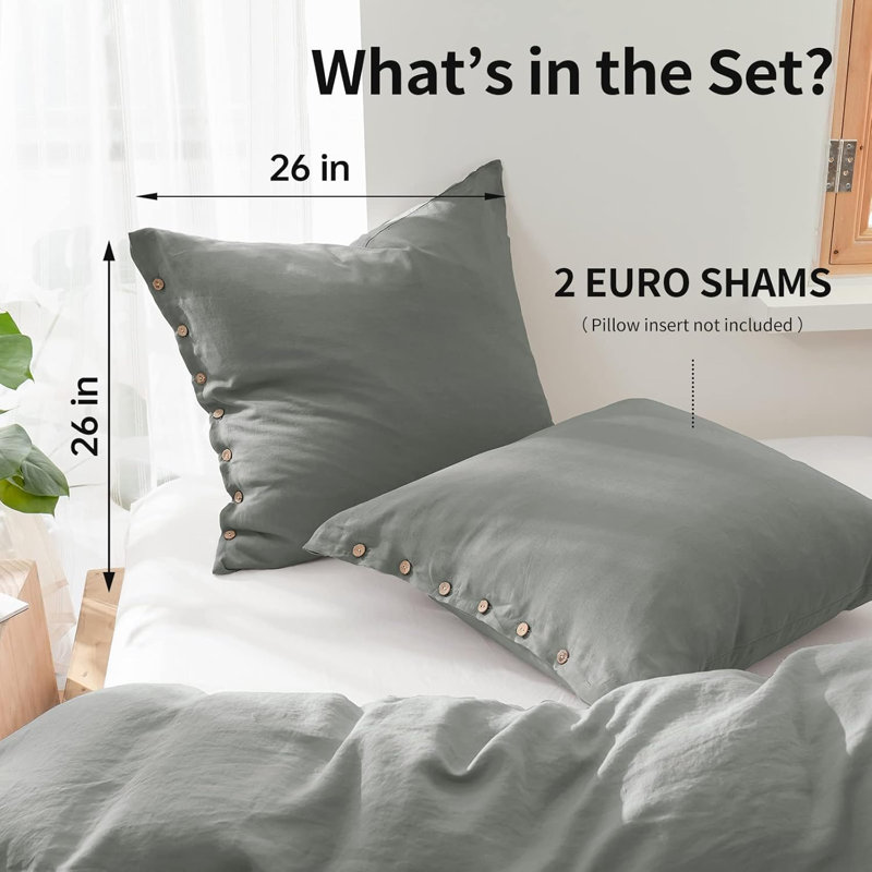 100% Washed Linen Euro Sham Cover, 26 X 26 Inch-Set Of 2, Grayish Green