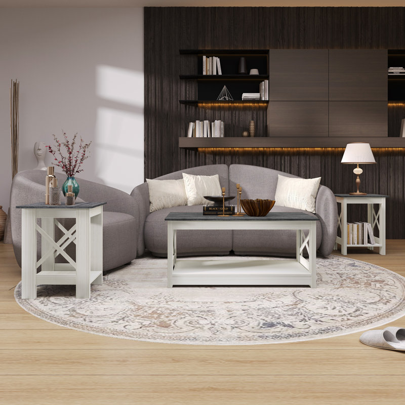 3-Piece Coffee and End Table Set with X-Style Accents in Light Grey, Light Grey