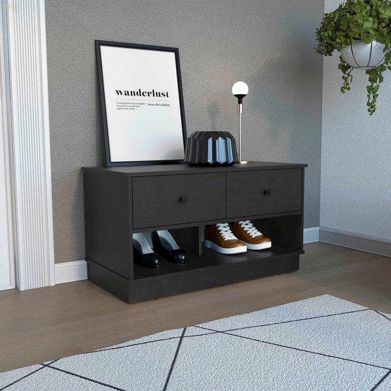Banc de rangement Beji, tablette inférieure, deux tiroirs, Noir