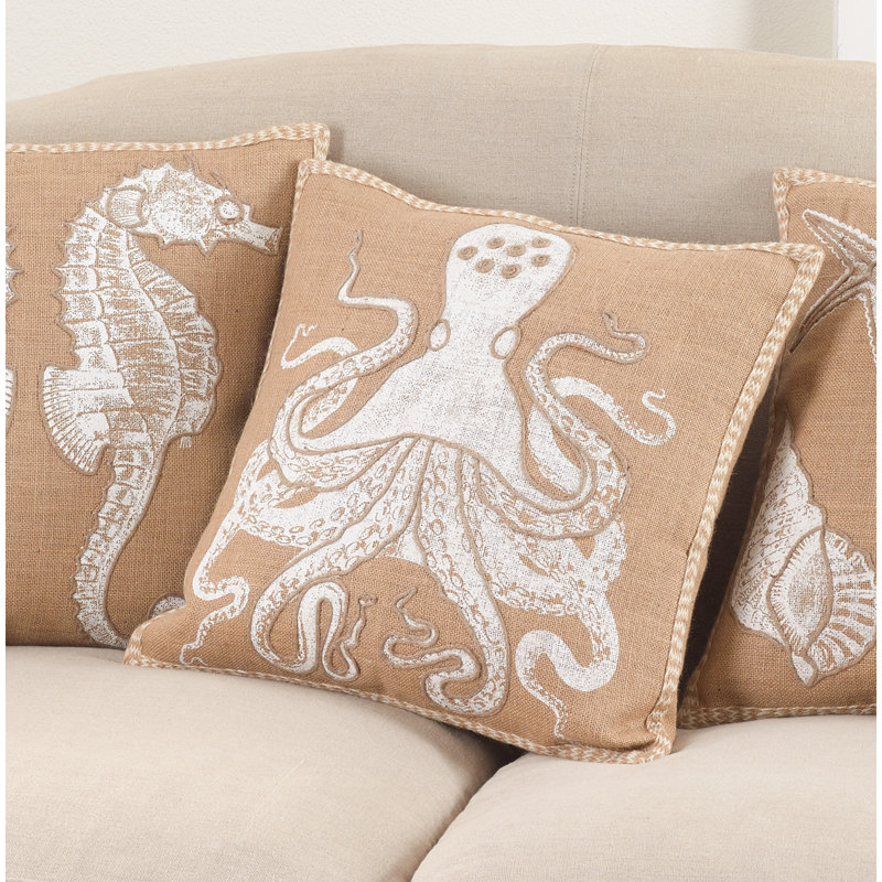 Natural Beige Jute Octopus Throw Pillow with White Print