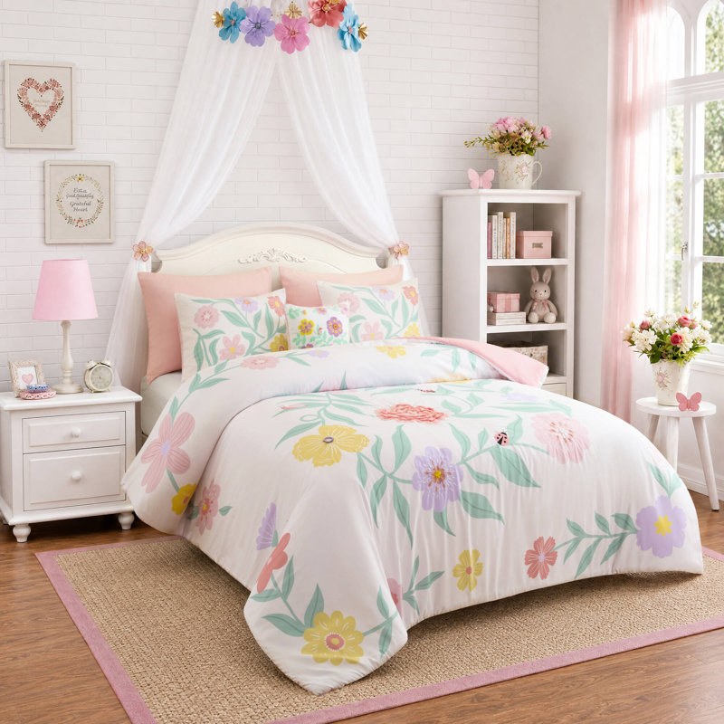 Ensemble de literie à fleurs roses, couette en microfibre pour lit double/queen, chambre de fille