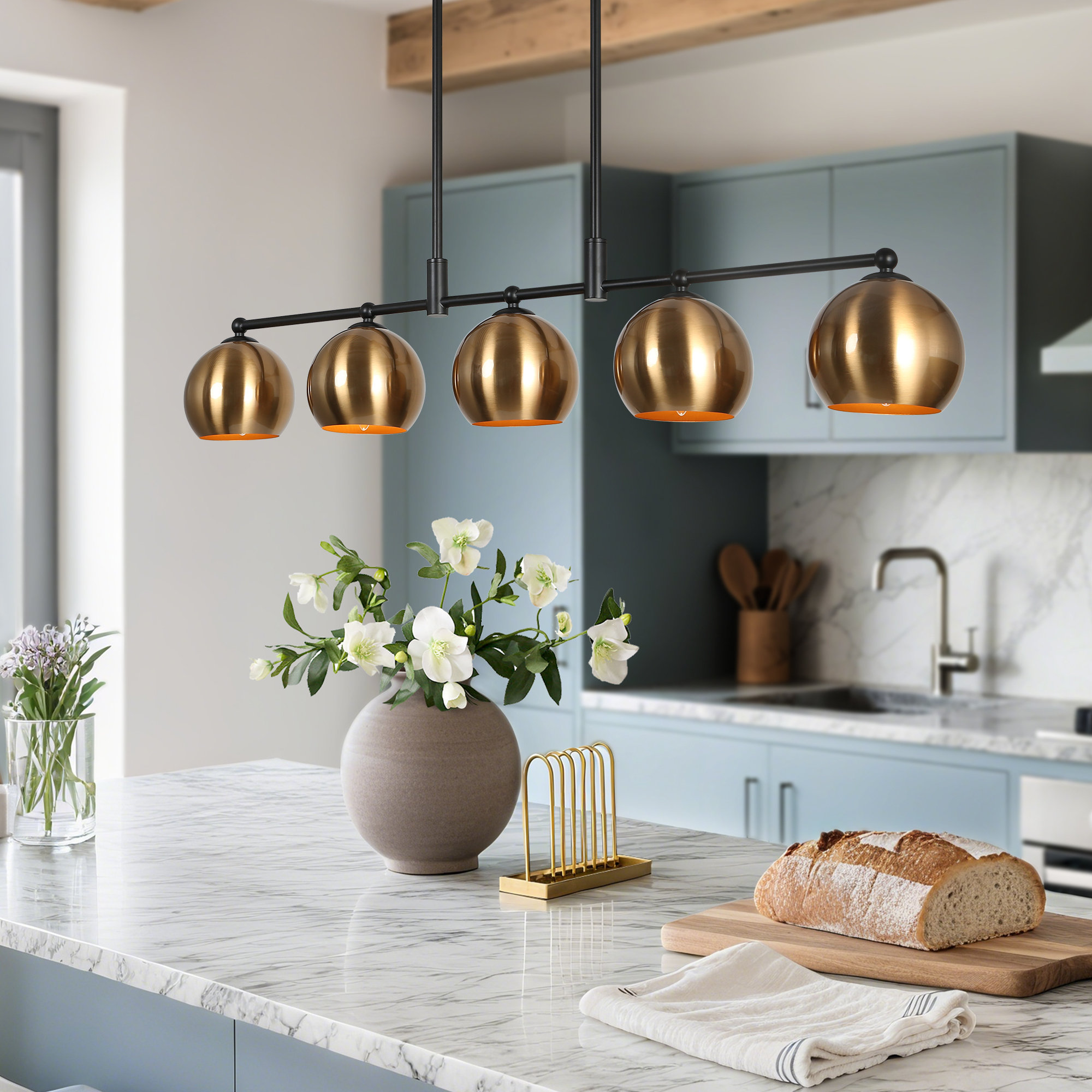 Corrigan Studio® Lateefah-A 5-Light Kitchen Island Linear Black/Copper  Pendant | Wayfair, image size:2000x2000