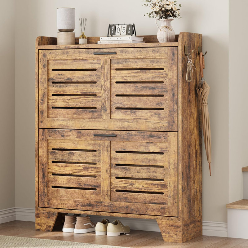 Armoire à chaussures étroite avec 2 tiroirs rabattables et crochets, organisateur de rangement dissimulé pour vestibule ou couloir