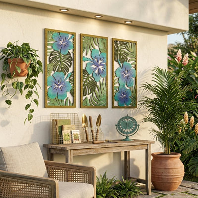 3-Piece Tropical Wooden Wall Decor Set, 3D Palm Leaf Monstera Hibiscus Wall Art (7.09" x 15.75")