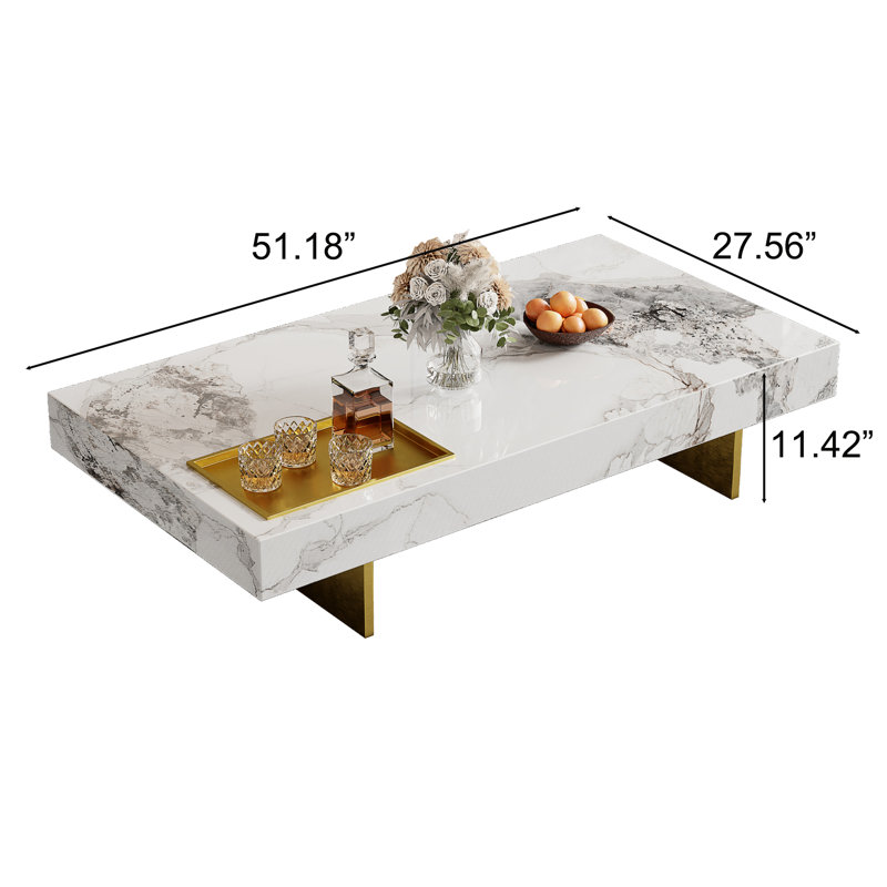 51" Modern Rectangular Coffee Table, Glossy Sintered Stone Table-top, White Top/Gold Base