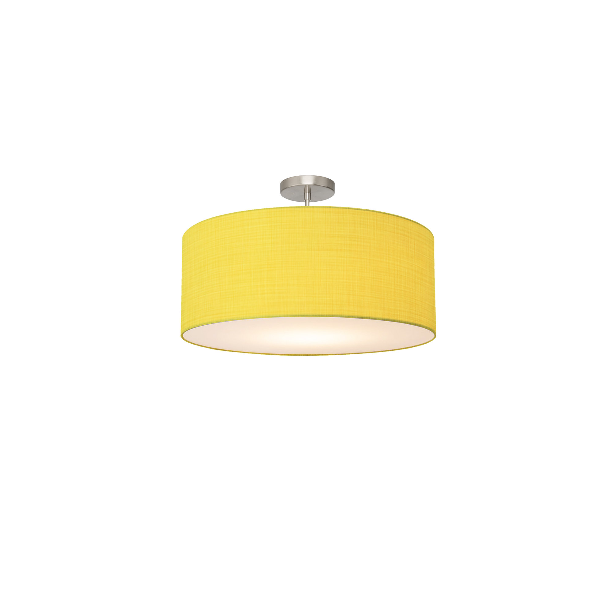 Stretch Semi Flush Mount, 22" White Linen Drum Shade, Satin Nickel, Dimmable, Mustard