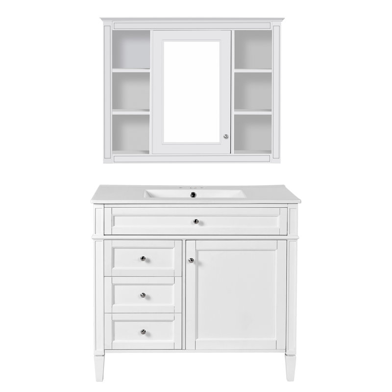 Meuble-lavabo 36 po avec armoire à pharmacie, armoire de rangement moderne avec 2 portes à fermeture douce et 4 tiroirs, meuble-lavabo simple