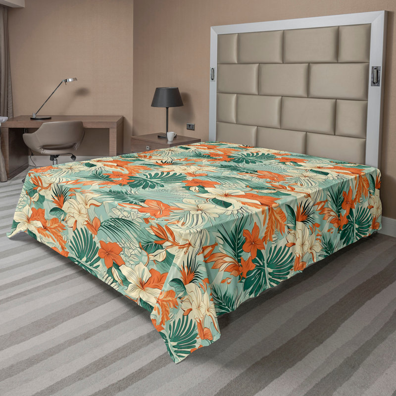 Ambesonne Flowers Flat Sheet Nostalgia Farmhouse, Orange and Hunter Green