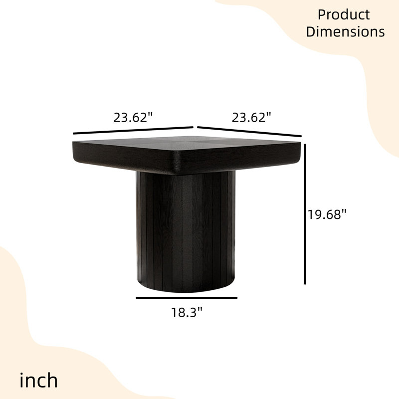 Table de salon en placage de bois massif avec panneau de texture incrusté, avec une base cylindrique cannelée et une table basse carrée épaissie.