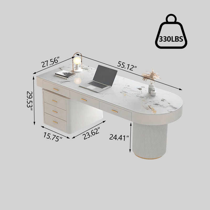 Bureau blanc en demi-cercle fritté en pierre, 5 tiroirs, H 29,53 po x l 55,12 po x P 27,56 po