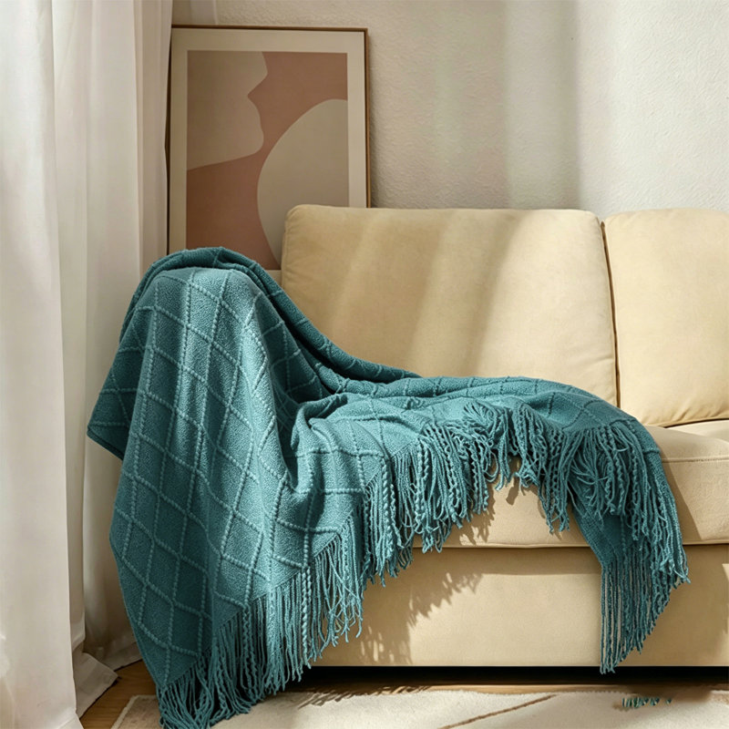 Acrylic Tassel Throw Blanket., 127 x 152cm, Menthol Green