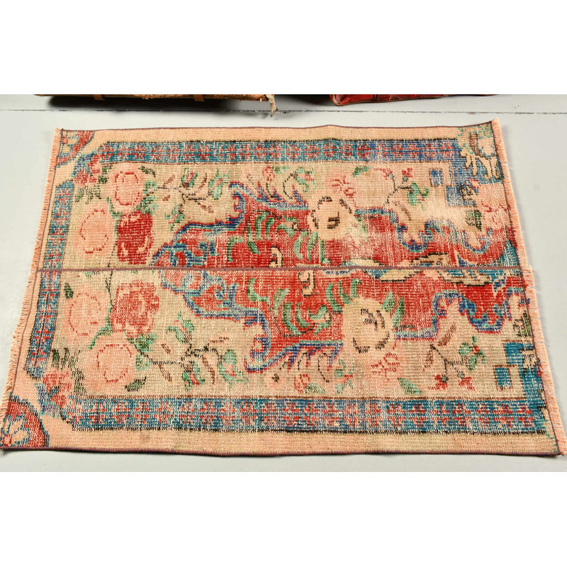 Vintage Turkish Small Carpet In Red Perfect As A Handmade Door Mat Or Bohemian Bathroom Rug