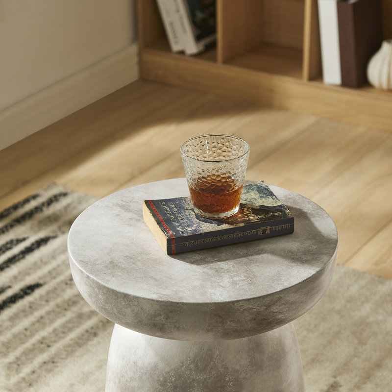 14" Round Concrete Side Table, Indoor/Outdoor Faux Marble End Table with Mushroom Shape