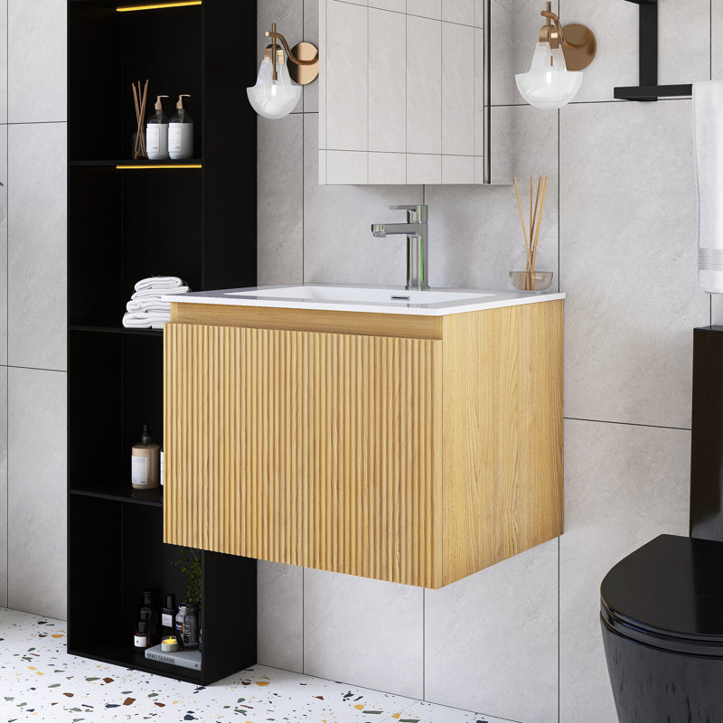 Meuble-lavabo simple mural 24 po en chêne avec plateau en résine intégrée blanche