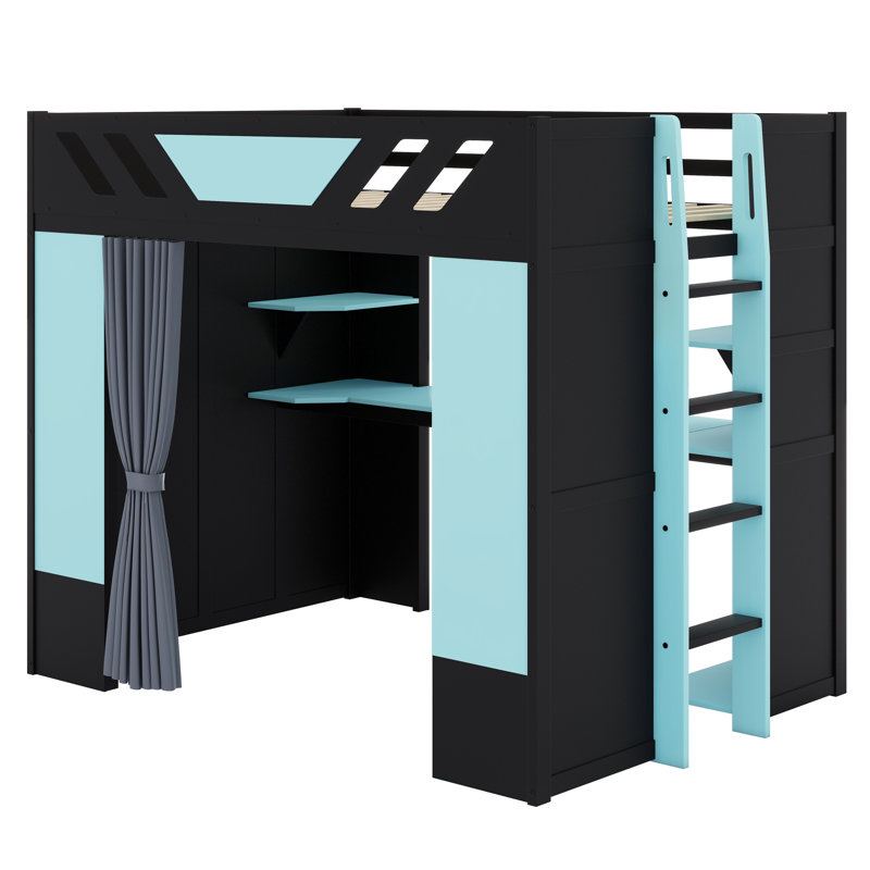 Élégante base de lit en bois avec bureau, tablettes de rangement, rideaux occultants et lumières RVB, Noir + Bleu nuage