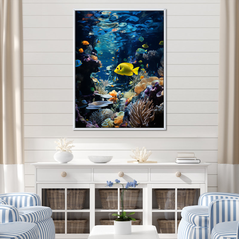 «Blue Butterfly Fish Marine Grace», art mural poisson papillon, Cadre flottant blanc, H 32 po x l 16 po x P 1 po