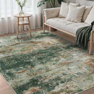 Tapis 8 x 10 pour la chambre à coucher du salon, tapis moderne lavable à la machine, grand tapis doux à poils courts avec envers antidérapant pour la salle à manger, vert / brun