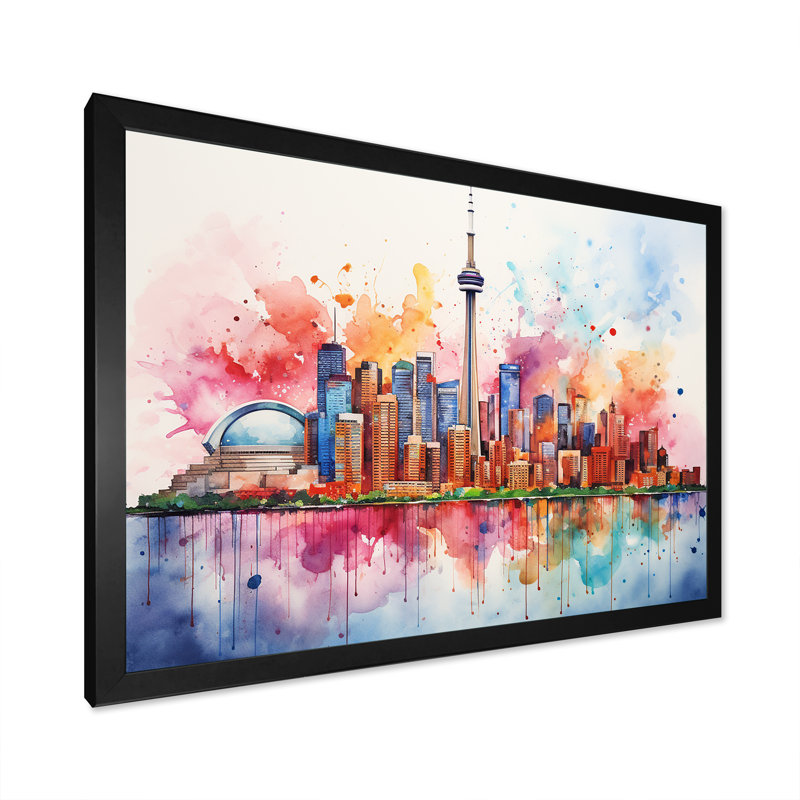 Cn Tower Toronto Cityscape Sunset - City Toronto, art mural, Cadre d'angle fermé noir, H 12 po x l 20 po x P 1 po