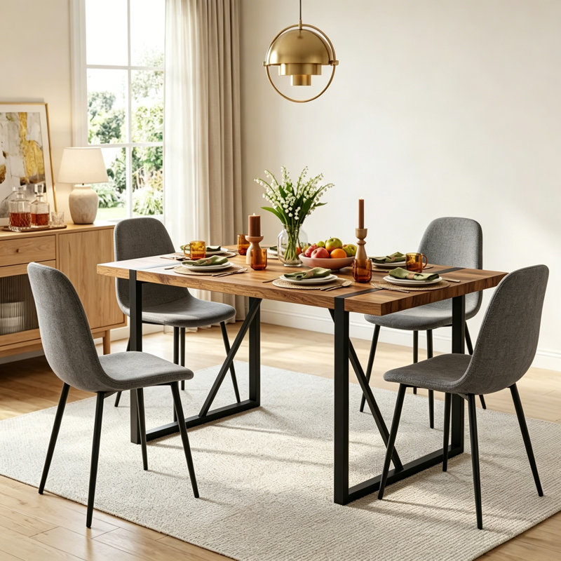 5-Piece Modern industrial Rectangular Wood Dining Set with Upholstered Chairs, 5 Pieces: Table, 4 Chairs, Dark Gray