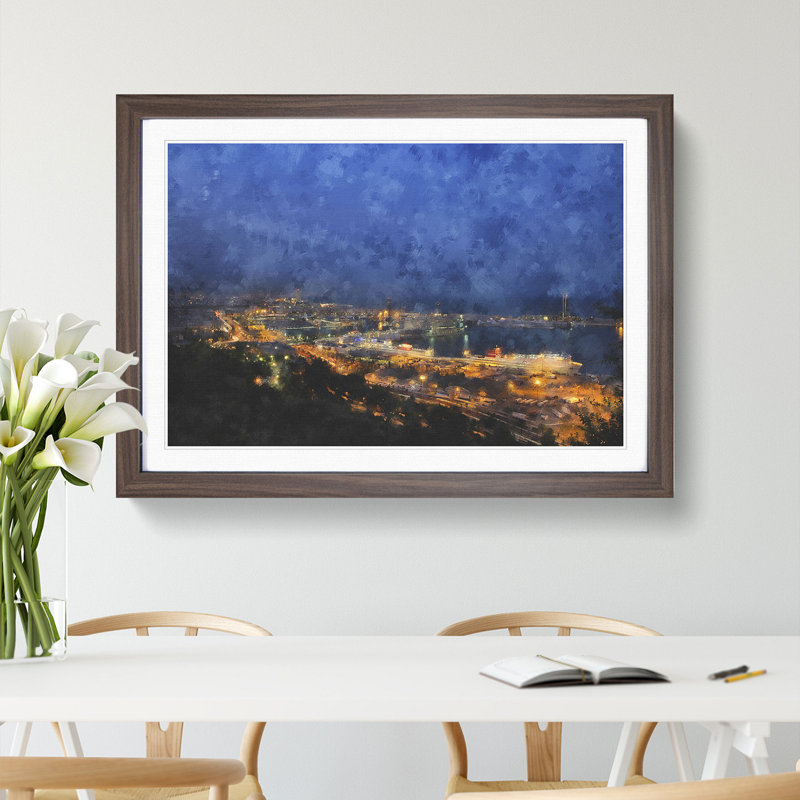 Barcelona Skyline - Picture Frame Painting, Walnut Framed, 36cm H x 48cm W x 2cm D