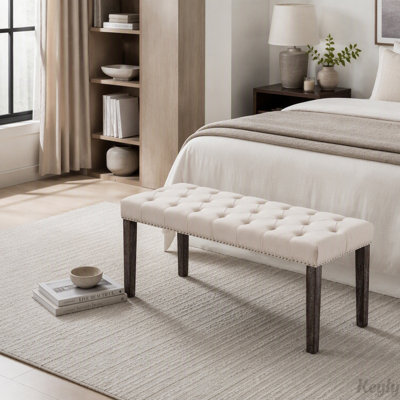 Velvet Tufted Bench Ottoman with Rubberwood Legs