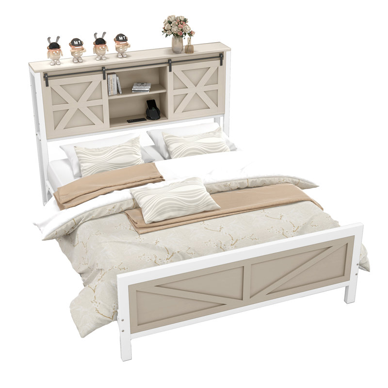 Farmhouse Platform Storage Bed with Bookcase Headboard and Built-In Charging Station, Brown, Queen