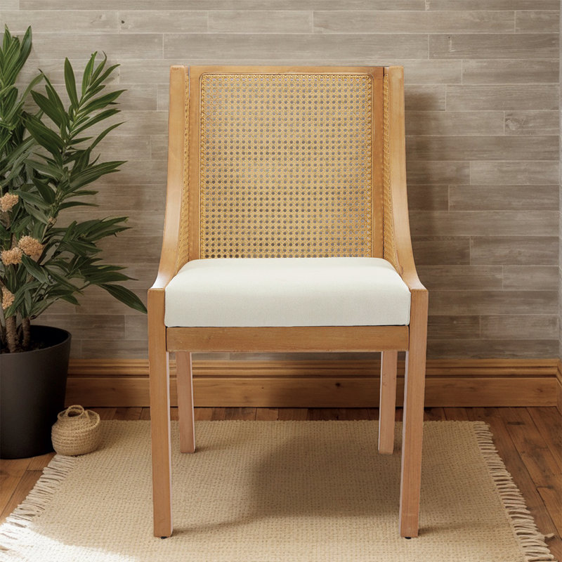 Farmhouse Rustic Side Chair - Durable Solid Wood Dining Chair With Linen Upholstered Seat & Decorative Armrests, White