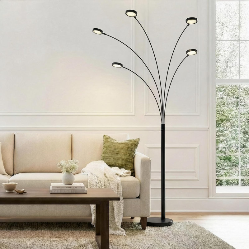 Lampe sur pied à DEL arquée moderne à 5 branches 74 po avec têtes métalliques rotatives Orion, Noir