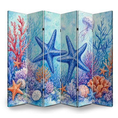 Cloison pliante 6 panneaux paravent Étoile de mer bleu royal Corail coloré Toile séparateur de cloison Autoportant