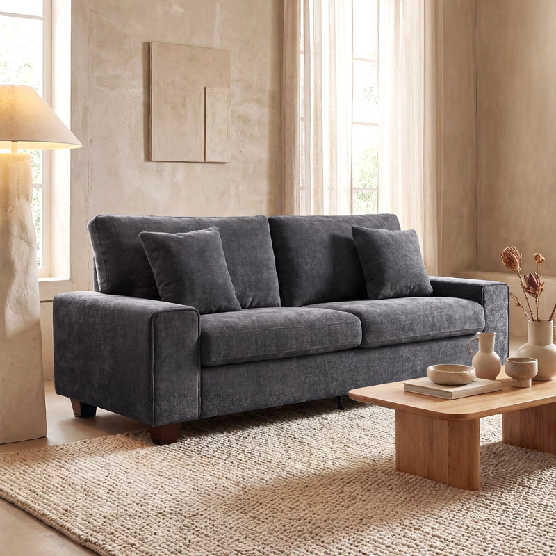 Karlita 3-Seater 89'' Modern Upholstered Sofa with Square Armrests and 2 Throw Pillows, Dark Gray