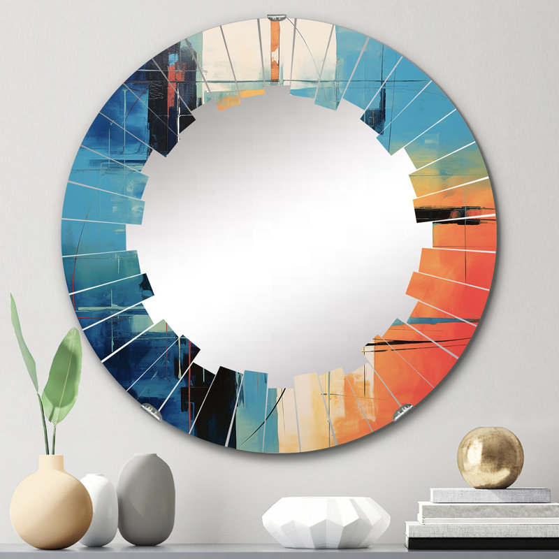 Miroir mural bleu orange Mid-Century, 24 po x 24 po