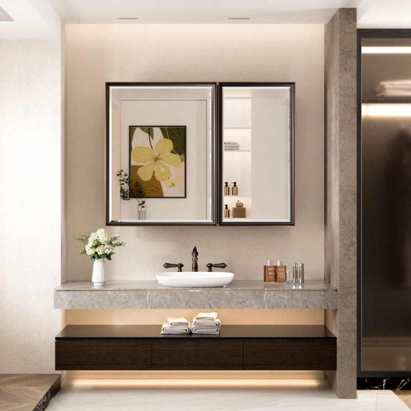 Armoire à pharmacie avec miroir et tablettes Cyrille, H 30 po x l 40 po x P 5,2 po, Bronze frotté à l'huile