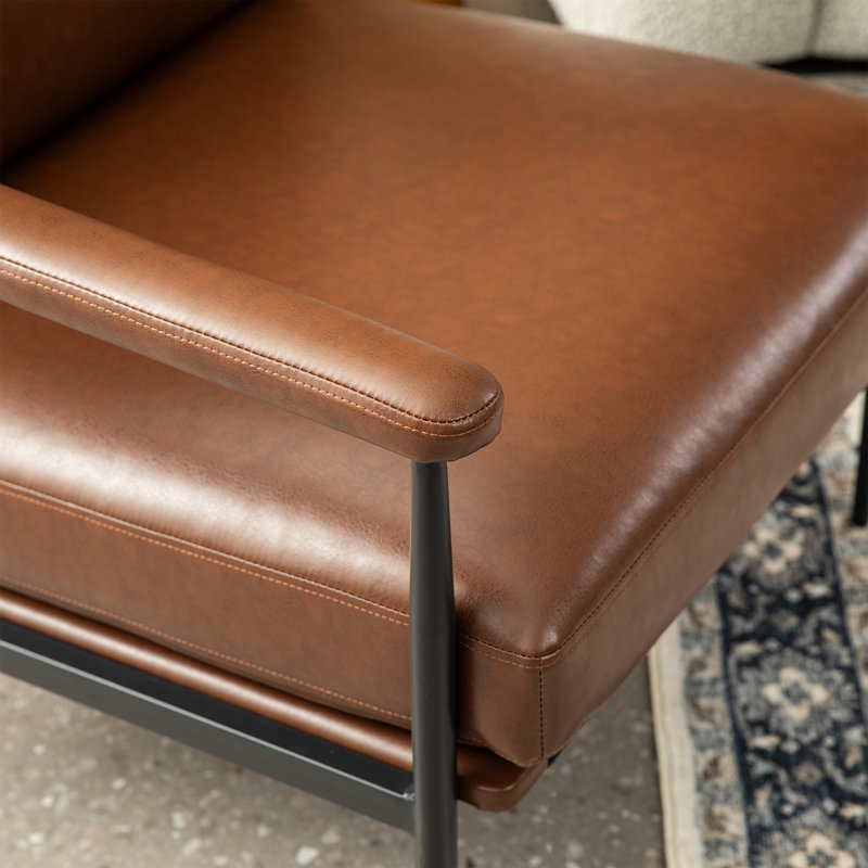 Mid-Century Modern Leatherette Armchair With High Back And Padded Arms, Brown Faux Leather