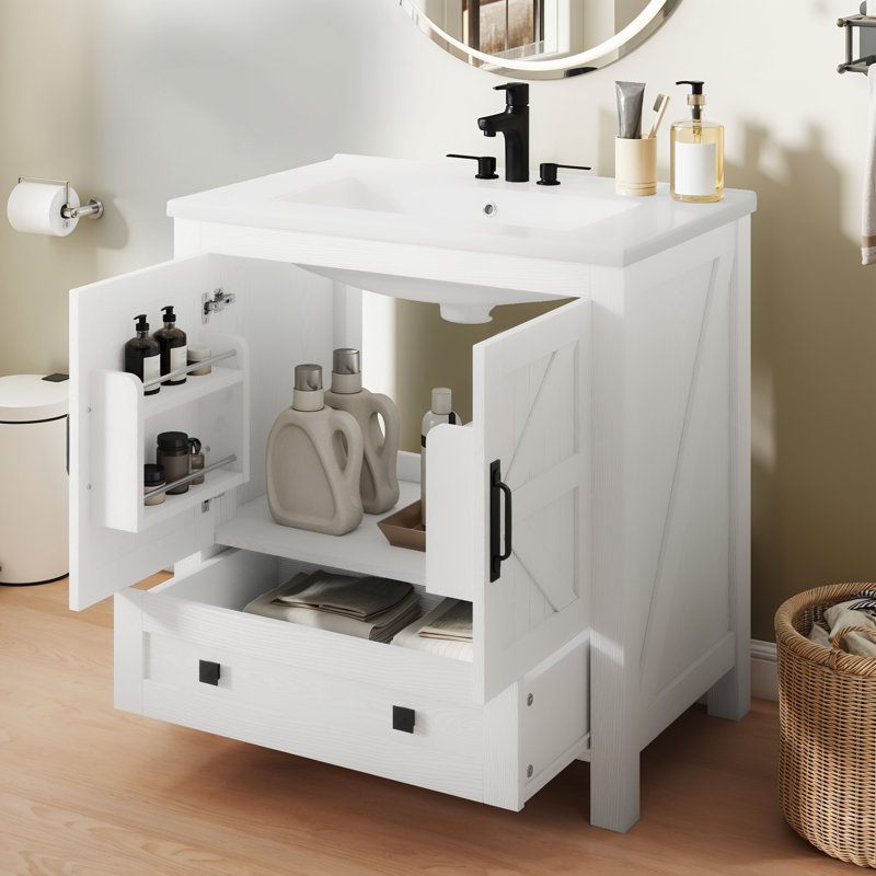 Farmhouse  30" Bathroom Vanity With Sink, Bathroom Cabinet With Drawer, White