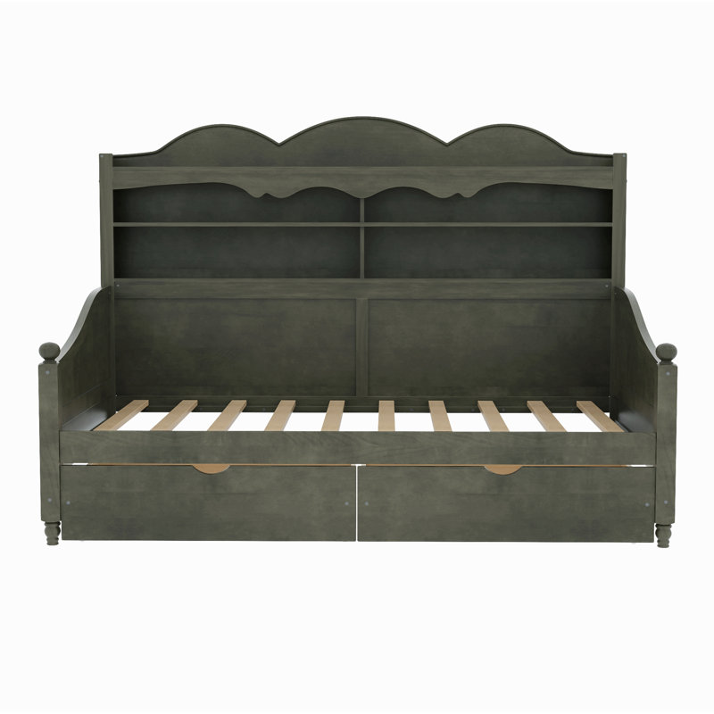 Twin Daybed With Storage Drawers, Wooden Twin Day Bed With Storage Headboard Shelving, Retro Style Daybed For Bedroom,Living Room,Guest Room
