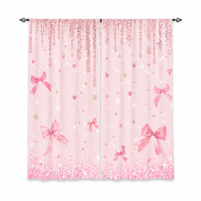 2 pièces de rideaux à nœuds à paillettes roses, tissu filtrant la lumière, motif mignon et scintillant, protection de la vie privée, conception à passe-tringle, convient au salon, à la chambre à coucher, à la décoration des filles