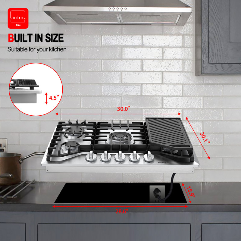 Gasland Chef 30" 5 Burners Gas Cooktop with Reversible Cast Iron Grill/Griddle, NG/LPG Convertible