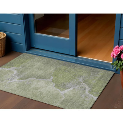 Tapis intérieur/extérieur abstrait vert et beige 90 x 150 cm, lavable
